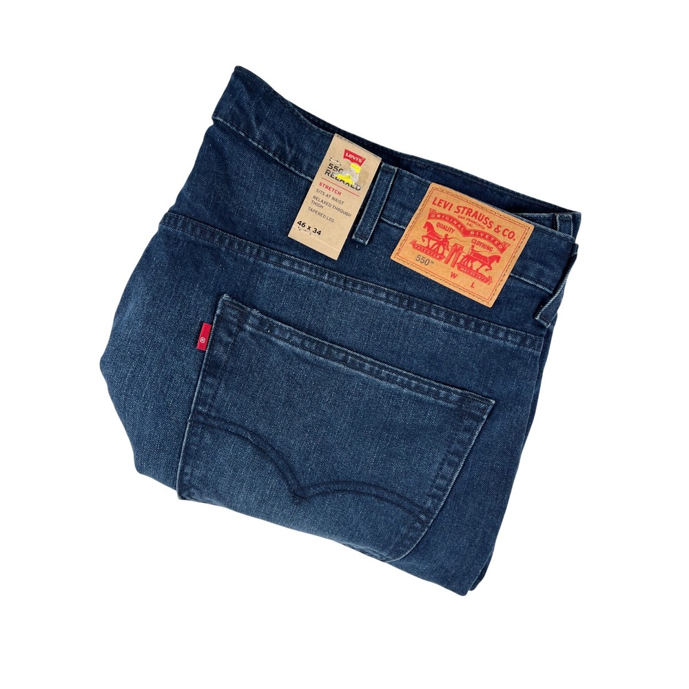 Levis 550 Relaxed Fit Tapered Leg Stretch Jeans Dark Wash Blue Denim 46x34 NEW